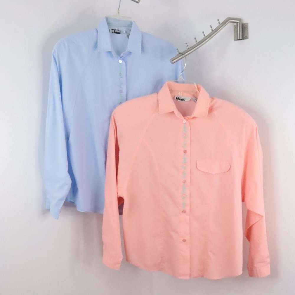 2pc Vintage Idioms Women's M Cotton Embroidered Button-Up Long Sleeve Shirts